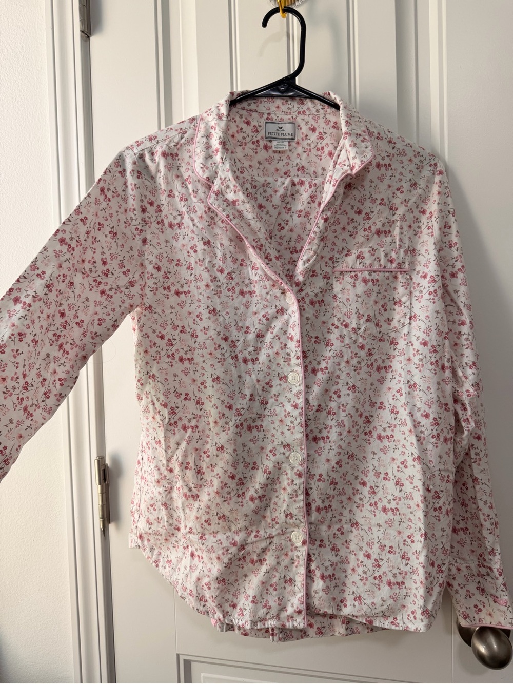 Floral Button-Front Pajama Top With Matching Pants- White with Pink Florals